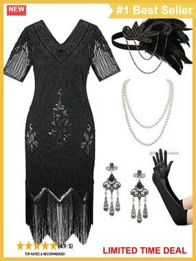 1920s Flapper Sequin Fringe Dress Costume Set with Accessories